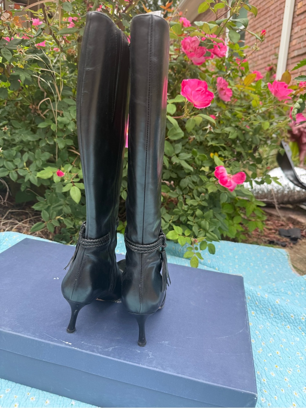 Faconnable Black Leather Knee-High Pointed-Toe Tassel Boots - Picture 4 of 16